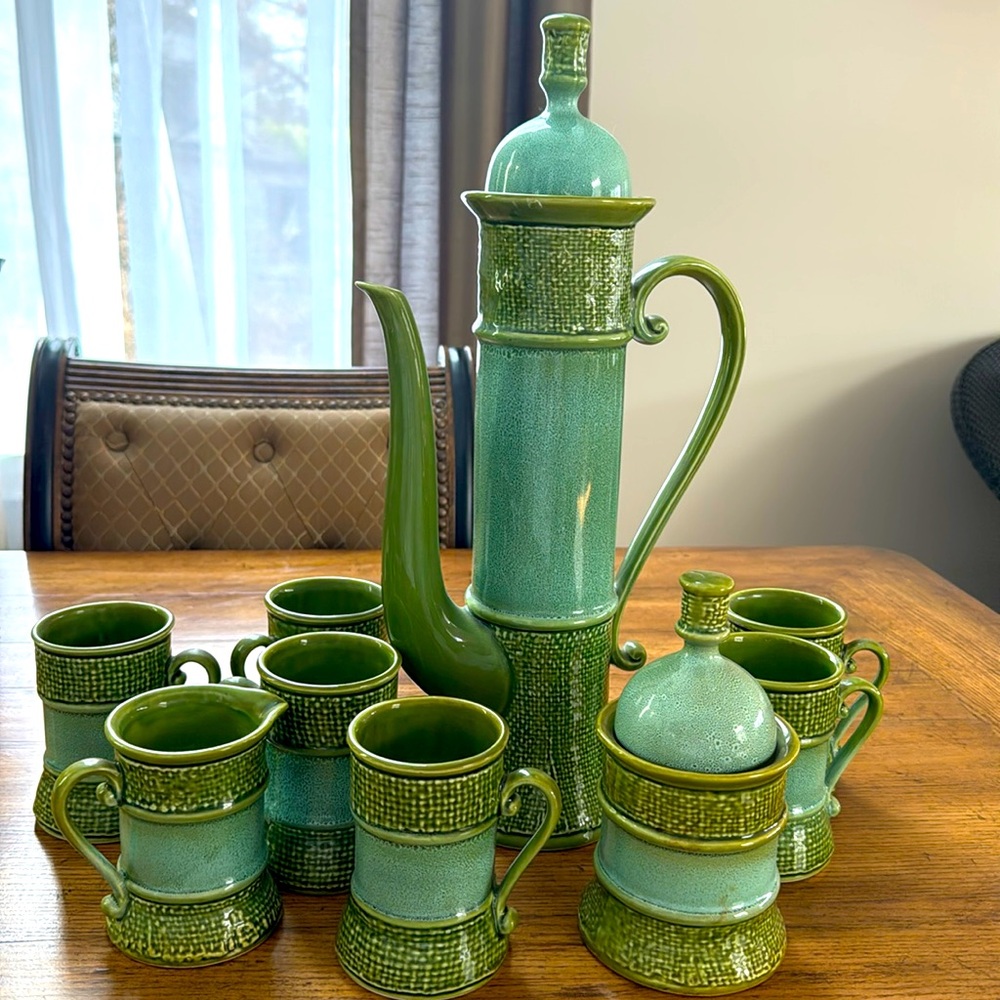 Vintage MCM Green Ceramic Coffee Set | Carafe  16 1/2 tall by 8 1/2 wide